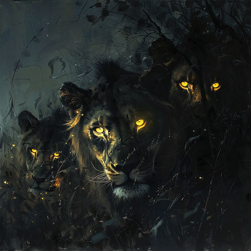 Lions' eyes glowing in the dark