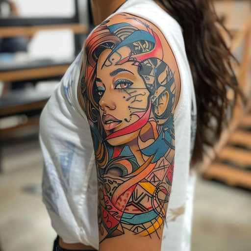 Arm tattoos for women in the style of Humberto Ramos with a vibrant, colorful graffiti design