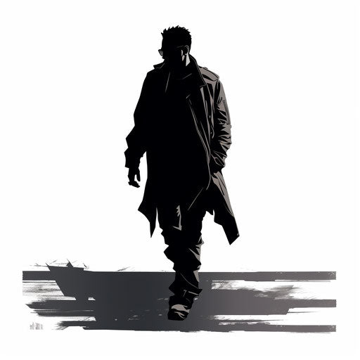 Black man walking, silhouette vector, cyberpunk realism style dark black and white