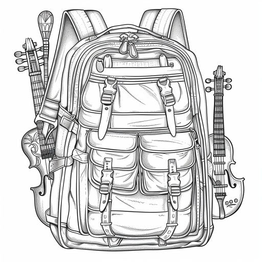 Playful backpack with musical instruments peeking out of its pockets. Coloring book page