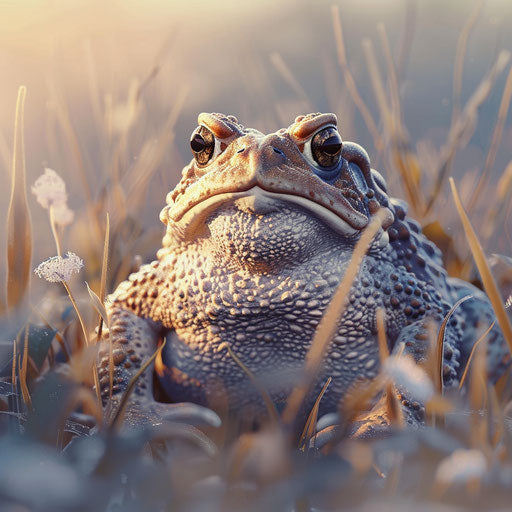 Toad illuminated by soft morning light in a meadow
