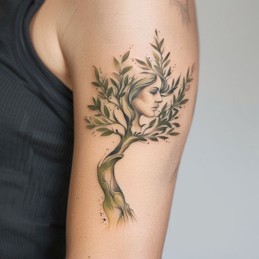 Athena and the olive tree, a botanical style tattoo with green and brown tones on plain white background