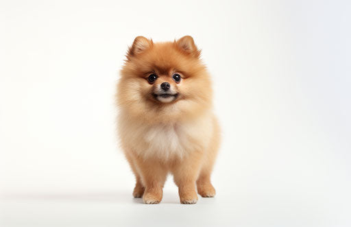 Pomeranian dog on white background, light orange and light maroon style