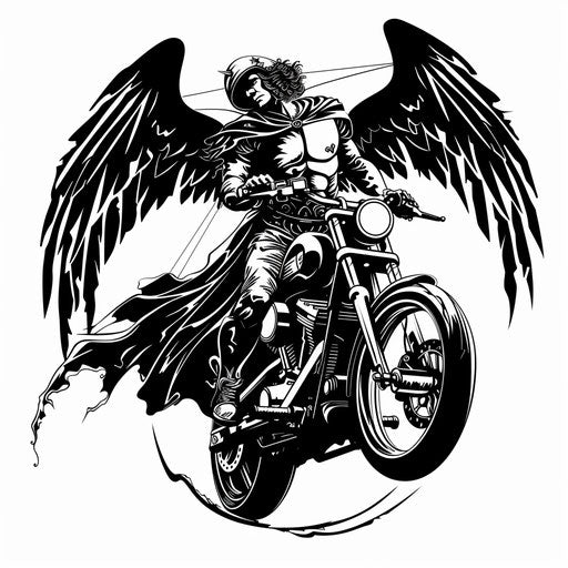 Archangel Michael riding a celestial motorcycle, tattoo stencil design on a white background.