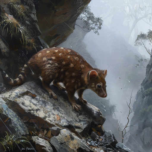 An adventurous tiger quoll navigating the rocky terrain of a mountainous region, with mist rolling in the background.