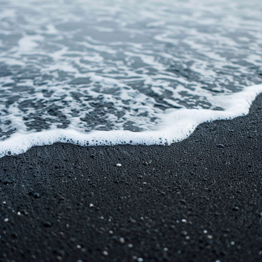 Black sand beach with close-up of waves crashing against shore