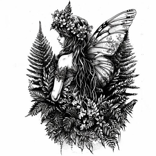 Intricate black and white line art of a forest fairy tattoo