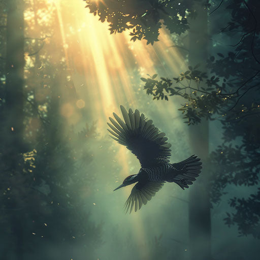 Woodpecker flying in misty forest