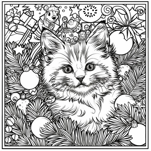 Festive kitten with decorations in the style of Jan Brett Coloring page