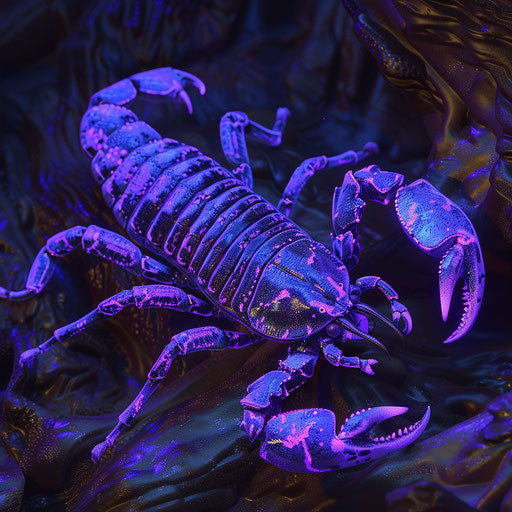 Glowing scorpion in the dark under ultraviolet light