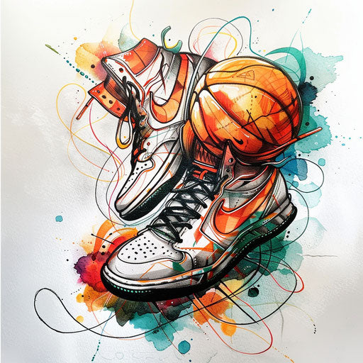 Creative flat tattoo sketch of basketball and sneakers