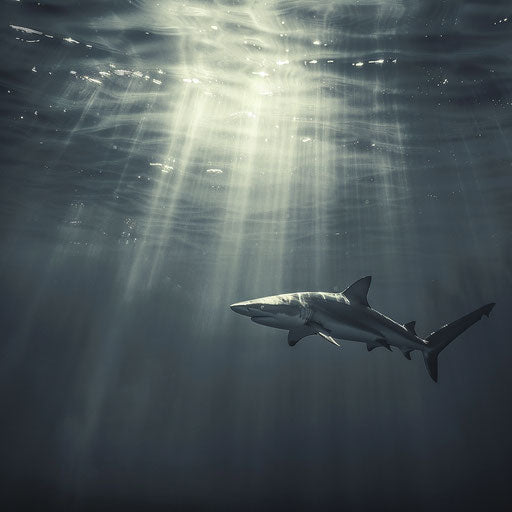 Bull shark in a calm sea with sun rays