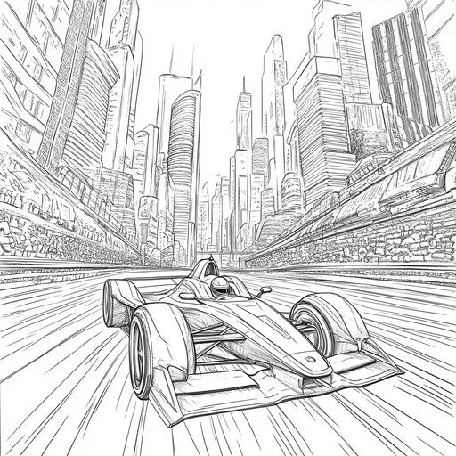 Race car zooming through a cityscape, in the style of Stephen Wiltshire, Coloring book page