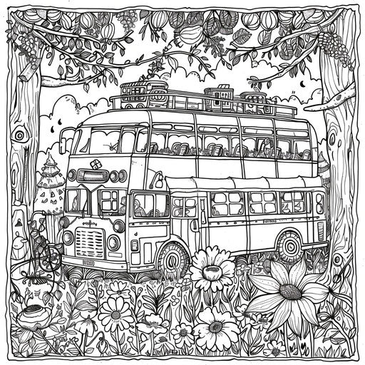 A playful bus garden with cute buses in the style of a Teagan White coloring book page