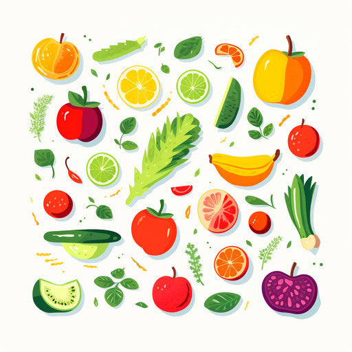 Minimalist style clipart of healthy food, on a white background