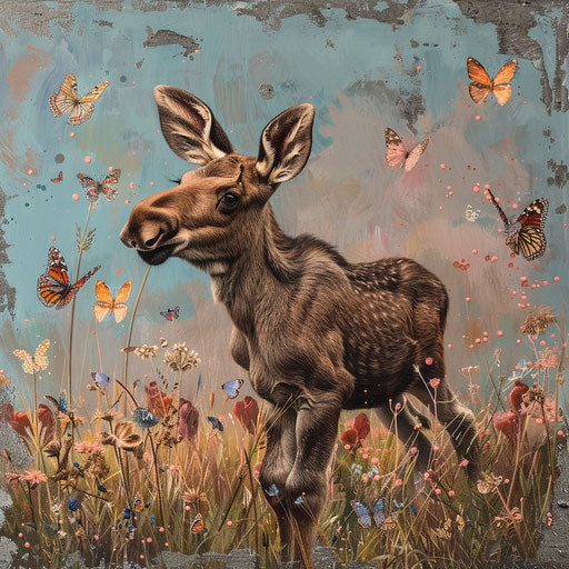 A moose calf playing in a field with butterflies