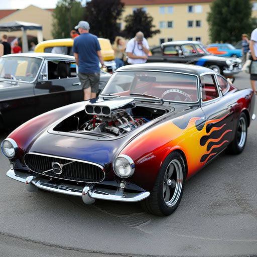 1966 Volvo P1800 hotrod with supercharged engine and flames