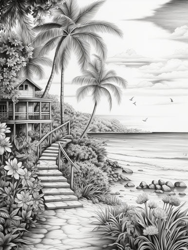 Realistic black and white beach, exotic colors, tranquil garden