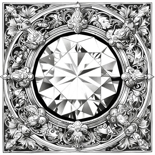 Diamond surrounded by mythical creatures, Gennady Spirin style