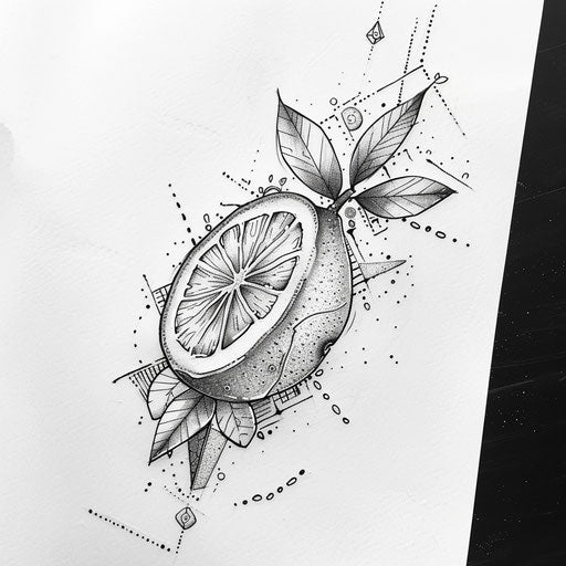 Cultural flat tattoo sketch of a lemon with Mediterranean mosaic tile designs