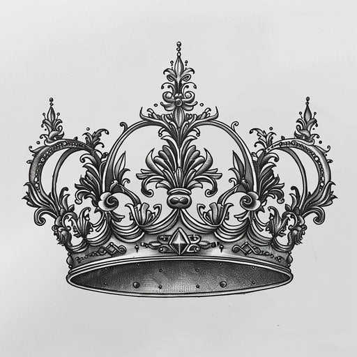 Ornate queen crown tattoo design in a fine line style