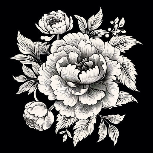 Black and white peony sketch, strong linear style, elegant inking