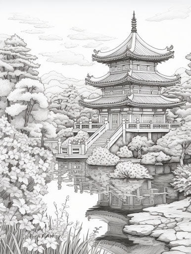 Coloring of pagoda at sun temple with pond, detailed botanical studies style, captivating, Japanese prints