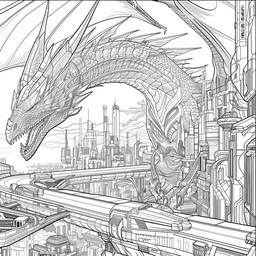 Dragon in a futuristic city, Hideo Kojima style, coloring book page