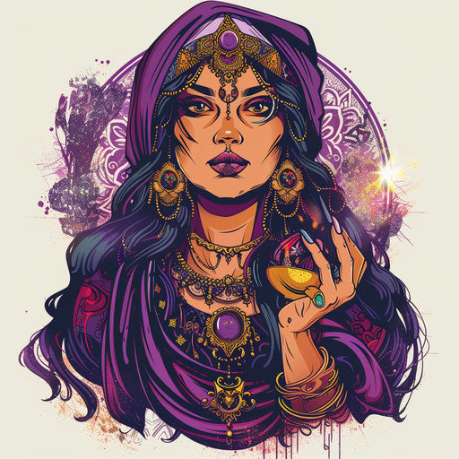 Tattoo sketch of fortune teller with mystical symbols