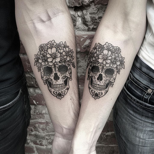 Brother and Sister Tattoos of a Floral Skull