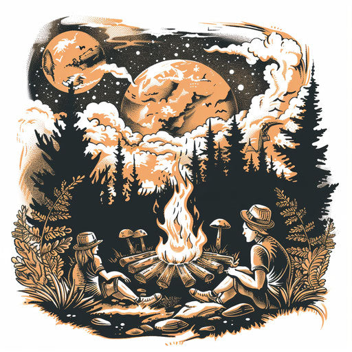 Cozy campfire sketch with friends, warm tones in flat style