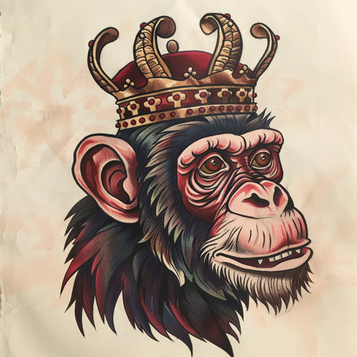 Monkey with crown in bold traditional tattoo colors