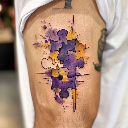 Abstract puzzle piece tattoo in purple and gold