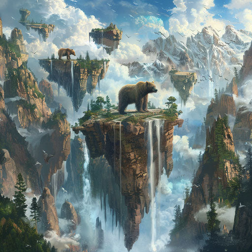 Surreal landscape with grizzly bears and floating islands