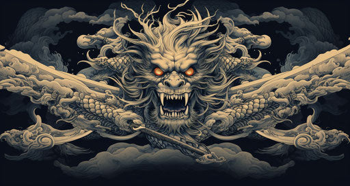 Samurai dragon on a sword, fire in mouth, traditional Vietnamese illustrator style