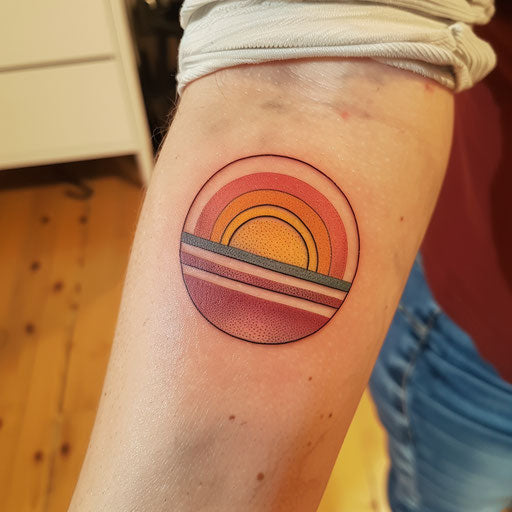 Retro sunset tattoo with 70s color palette striped design