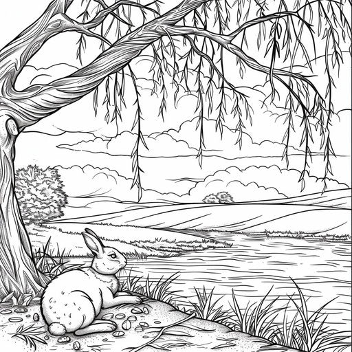 Serene landscape with Easter bunny by a river