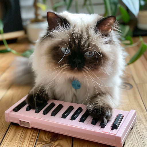 Himalayan cat playing with a small toy piano, playful