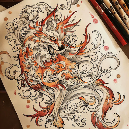 Intricate flat tattoo sketch of a kitsune