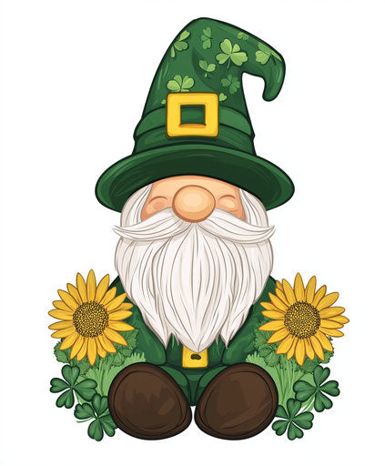 St. Patrick's Day Gnome with Green Hat, Sunflowers, and Shamrocks: Vector Flat Icon Design Illustration