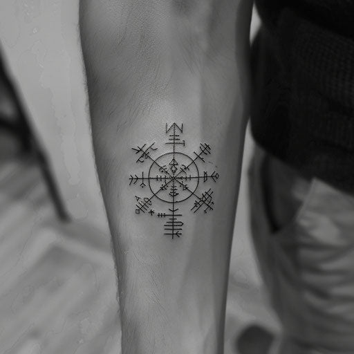 Minimalist Vegvisir tattoo surrounded by runes on white