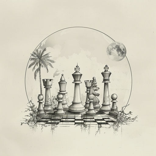 Zen flat tattoo sketch of a minimalist chess set in a tranquil setting, soft gray scale