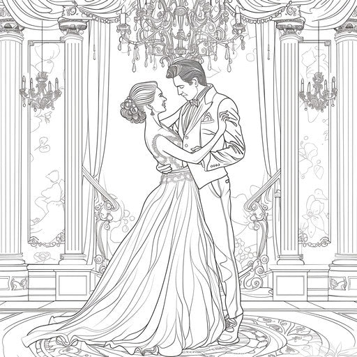 Graceful couple waltzing under a chandelier. Coloring page