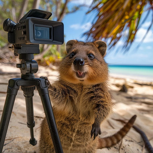 Quokka as a film director shooting on exotic island