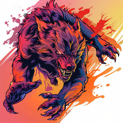 Vibrant flat tattoo sketch of a werewolf in transformation