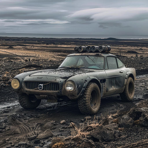 Post-apocalyptic survivor: 1966 Volvo P1800 with armor plating and off-road modifications, in a barren landscape