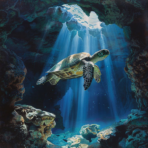 Sea turtle swimming in an underwater cave