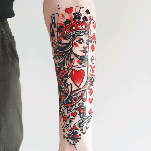 Punk rock Queen of Hearts tattoo on white surface