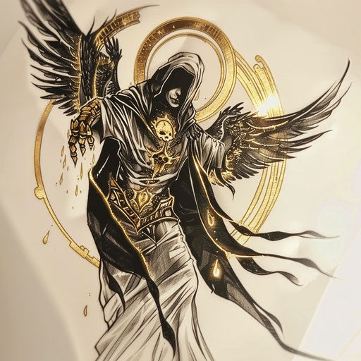 Flat tattoo sketch of the angel of death in flowing robe, with golden accents