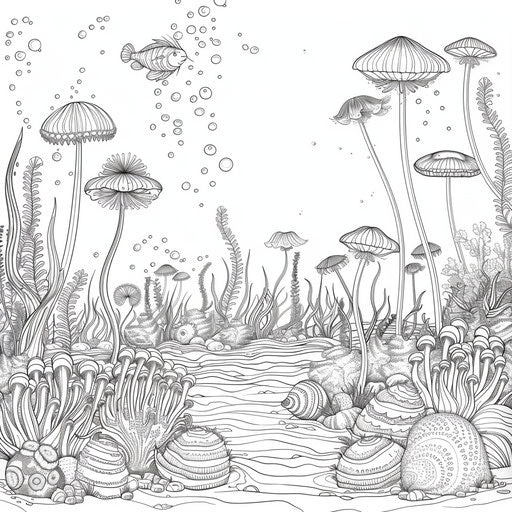 Whimsical underwater scene with sea anemones and corals